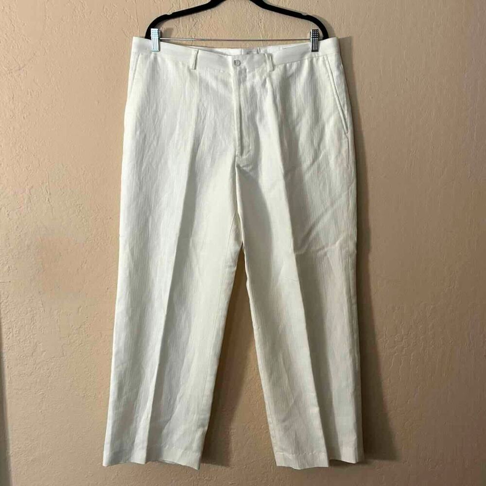 Vtg Men's Ivory Linen-Cotton Herringbone Straight Leg Lined Dress Pants - 38x29